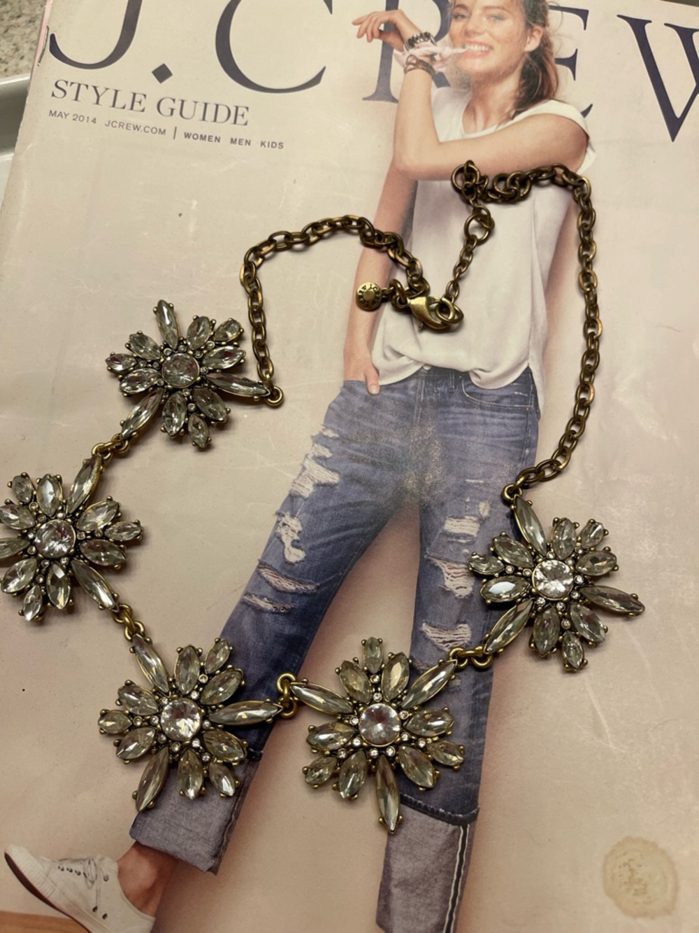 JCREW Gold-Tone Clear Crystal Floral Statement Necklace